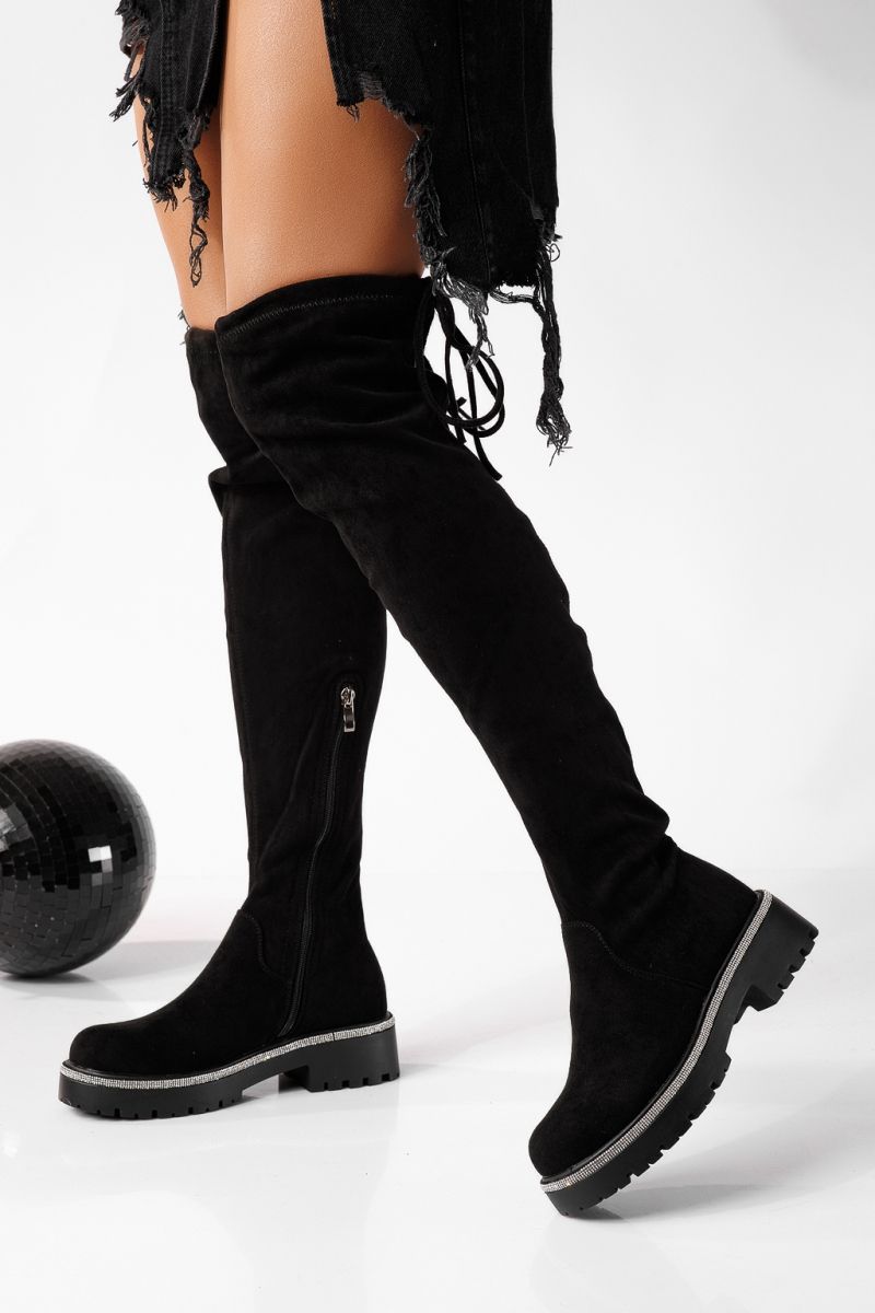 Cizme lungi dama vattás fekete öko bőrből és velúrból készült  Marina #22714