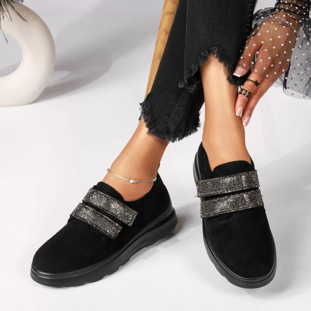 Pantofi casual dama negri din piele ecologica intoarsa Harley #18439