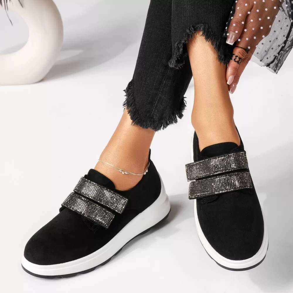 Pantofi casual dama negri din piele ecologica intoarsa Harley #18441