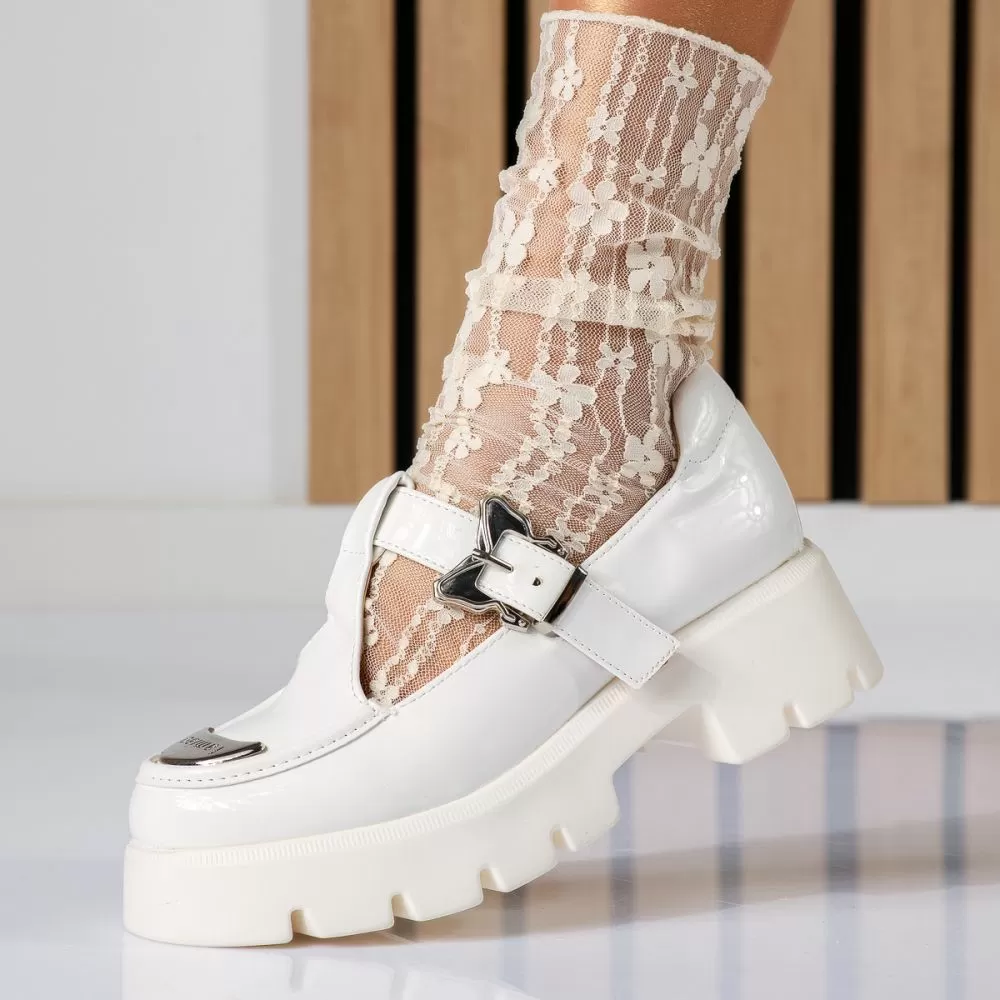Pantofi casual dama albi din piele ecologica lacuita Vera #18570