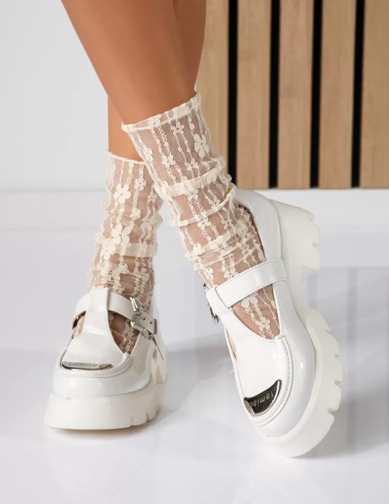 Pantofi casual dama albi din piele ecologica lacuita Vera #18570