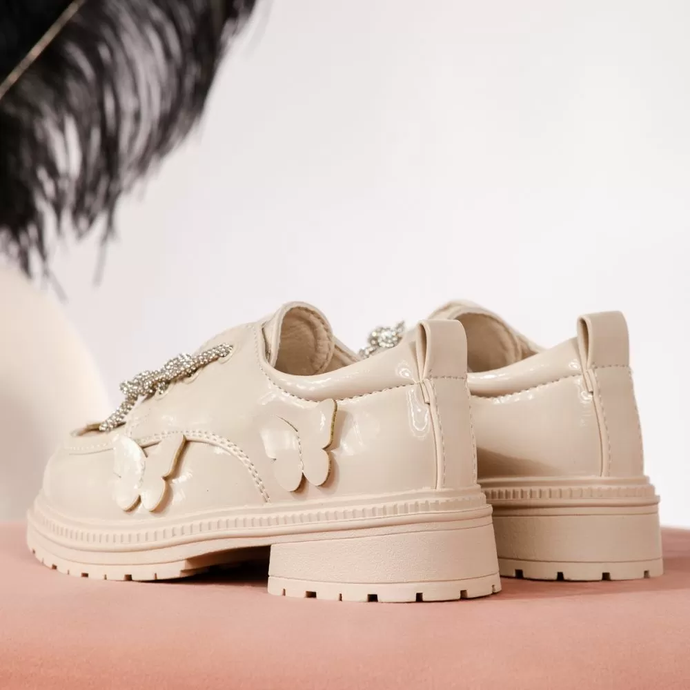 Pantofi casual copii bej din piele ecologica lacuita Ariana #19117