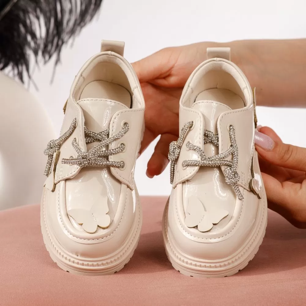 Pantofi casual copii bej din piele ecologica lacuita Ariana #19117