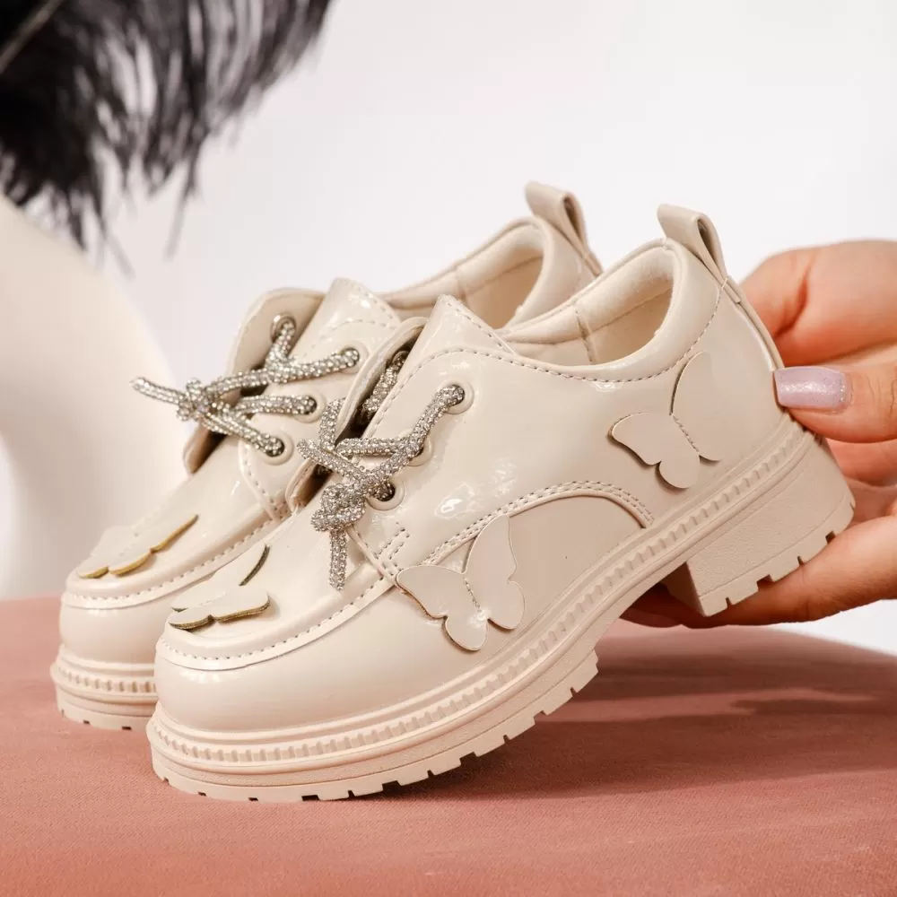 Pantofi casual copii bej din piele ecologica lacuita Ariana #19117