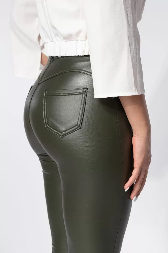 Pantaloni Piele Ecologica Vatuiti Dama Elif Khaki #A636