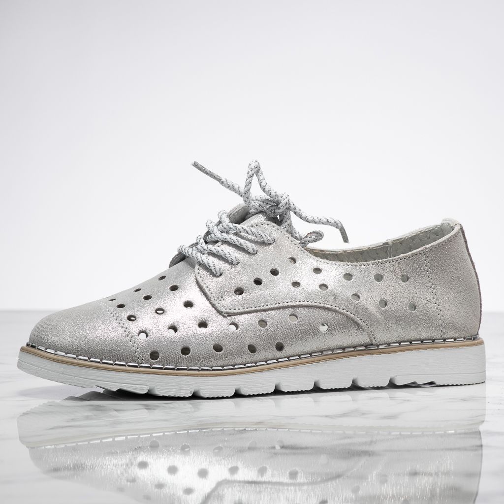 Pantofi Dama din Piele Naturala Perforati Marta Argintii #13880