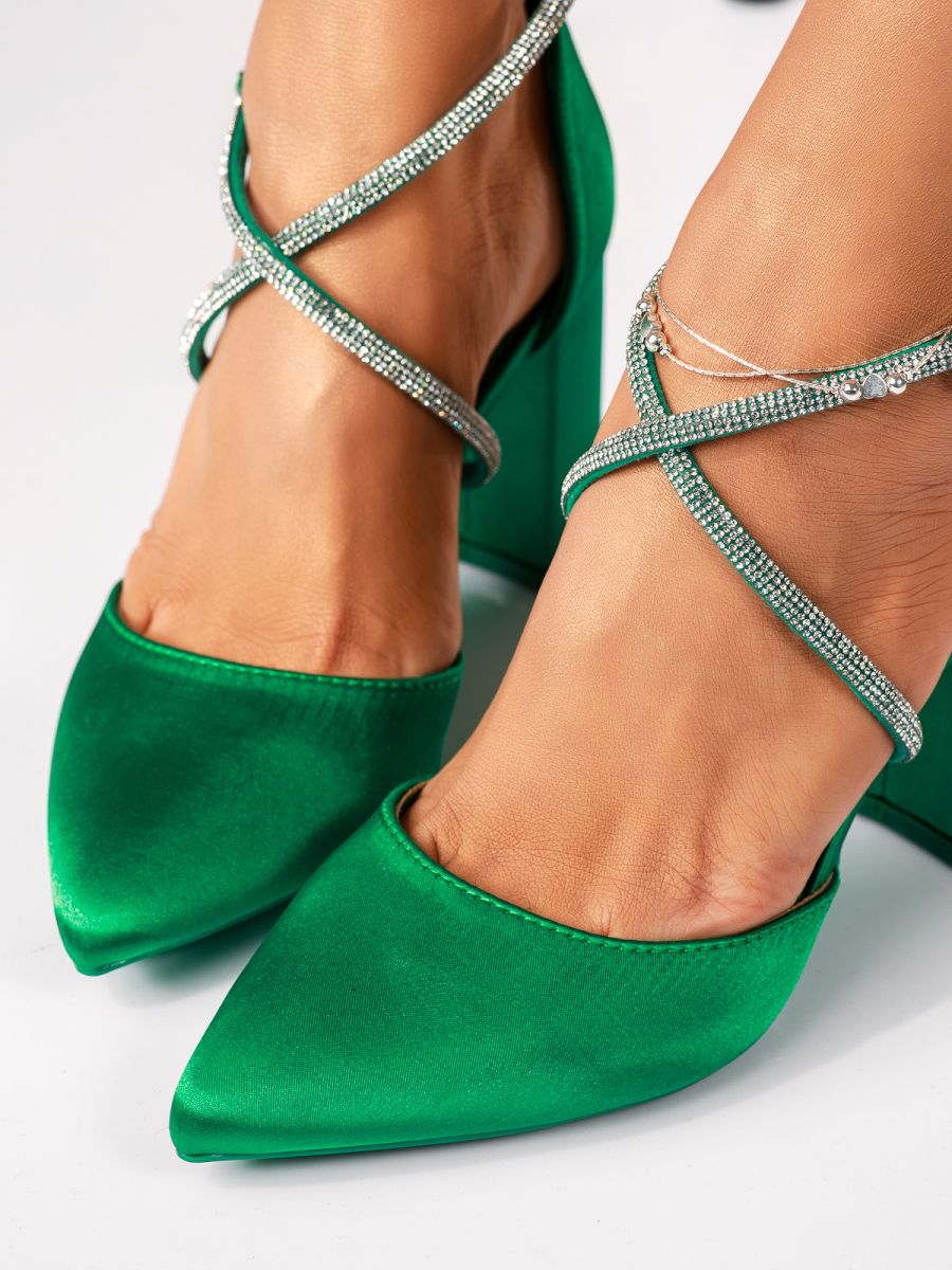 Дамски обувки с ток зелени от сатен Faith #18420