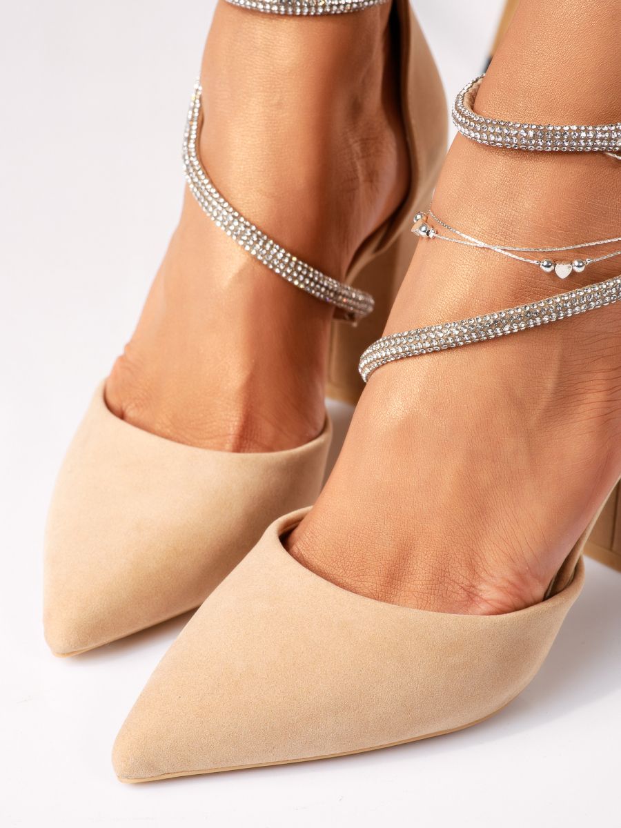 Дамски обувки с ток бежови от обърната еко кожа Sienna #18337