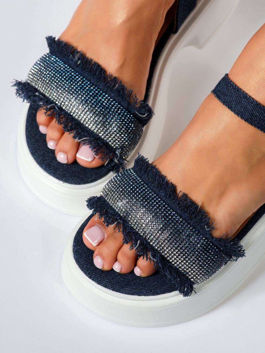 Дамски сандали с ниска подметка сини от текстилен материал Jamie #18899