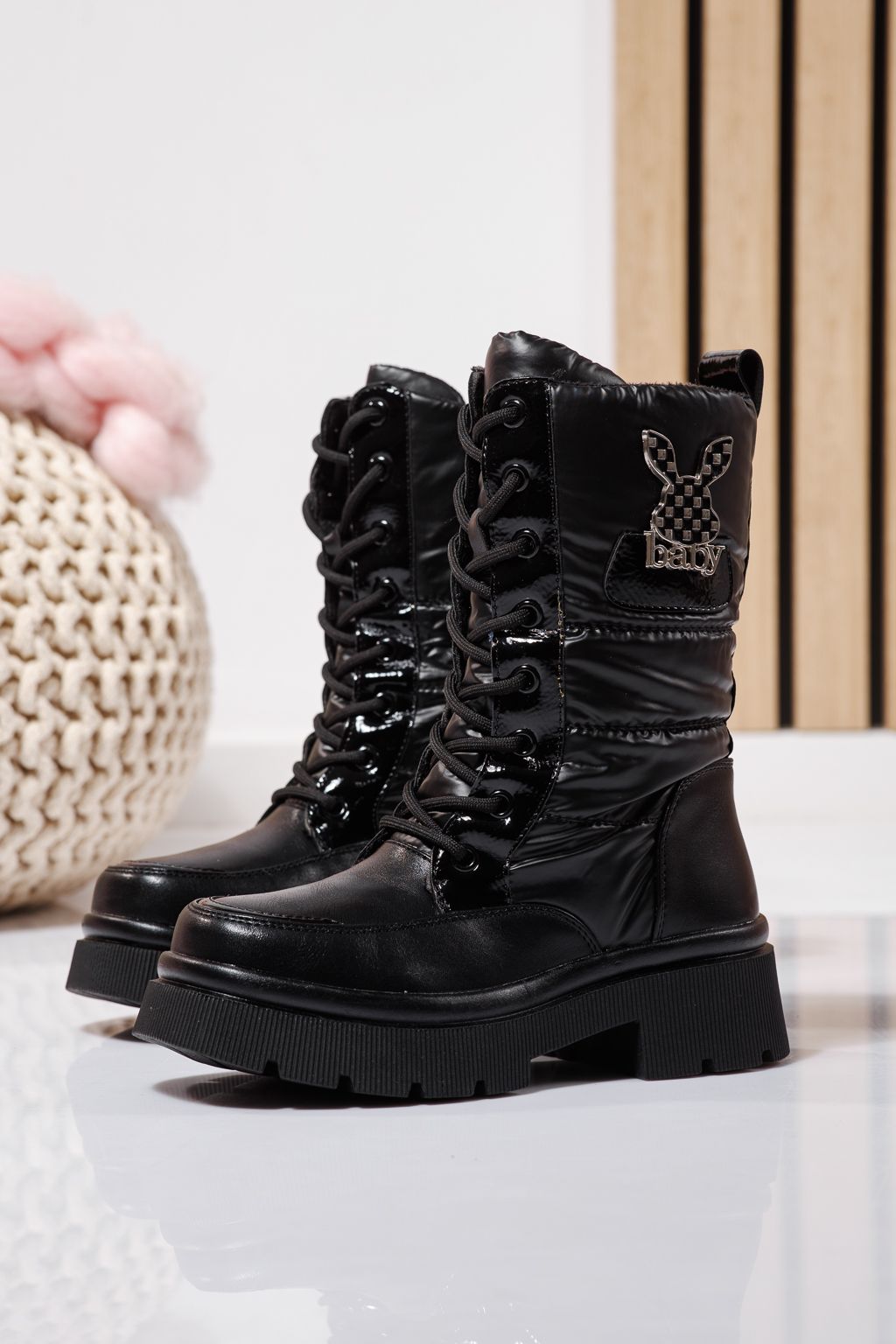 Szőrme csizma lányoknak fekete öko bőrből készült Dalia #23117