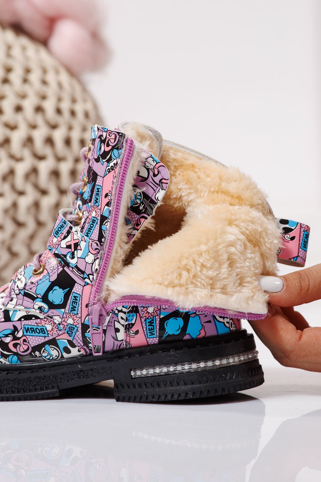 Szőrme csizma lányoknak mályvaszínű öko bőrből készült Eliza #23132