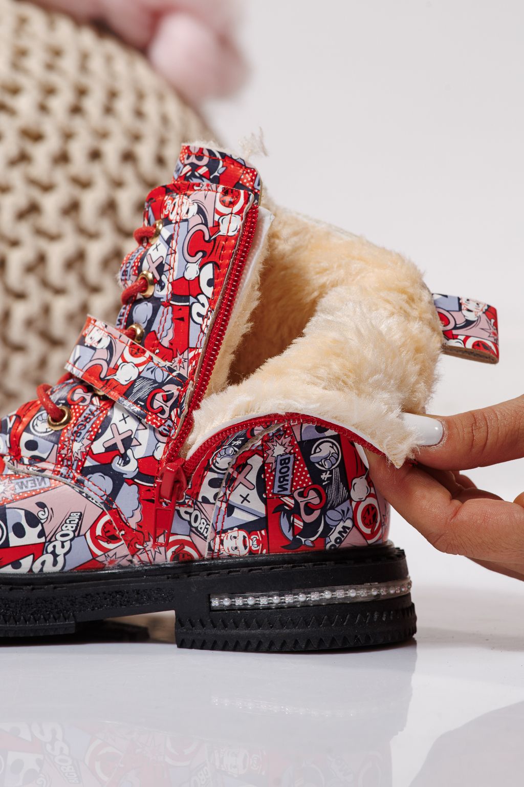 Szőrme csizma lányoknak Piros öko bőrből készült Eliza #23130