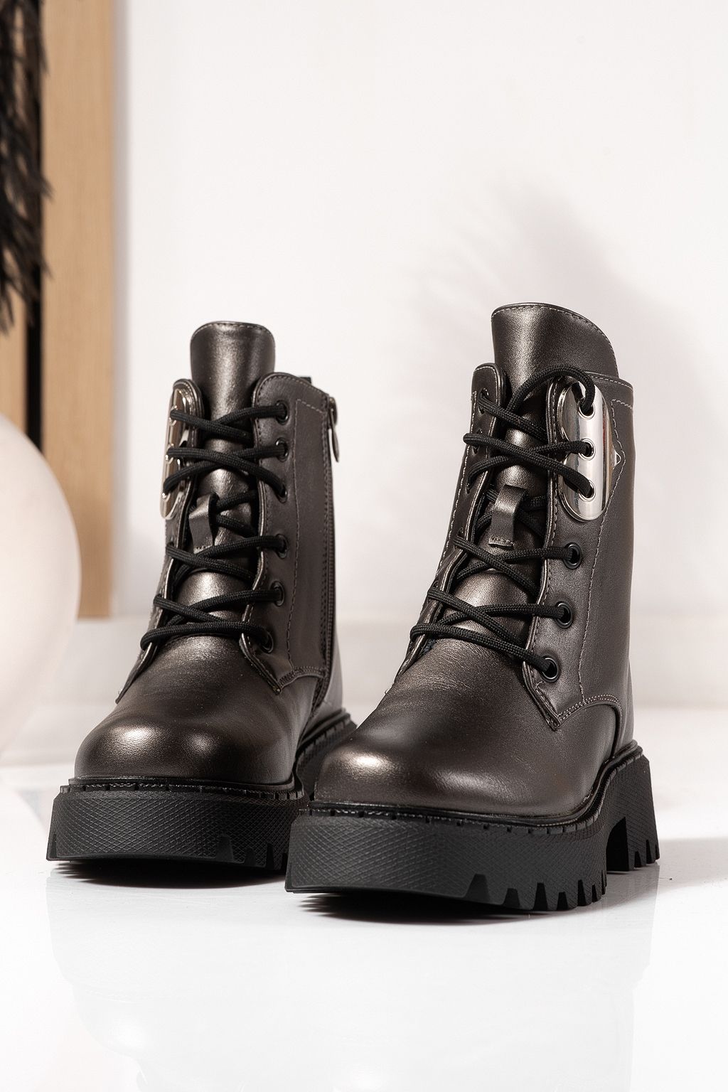 Lányka szürke szőrme csizma ekológikus bőrből Alina #23179