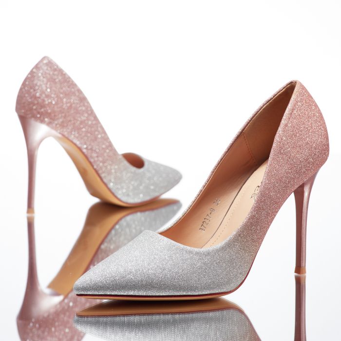 Pantofi Dama cu Toc Ozzy Roz/Aurii #14119