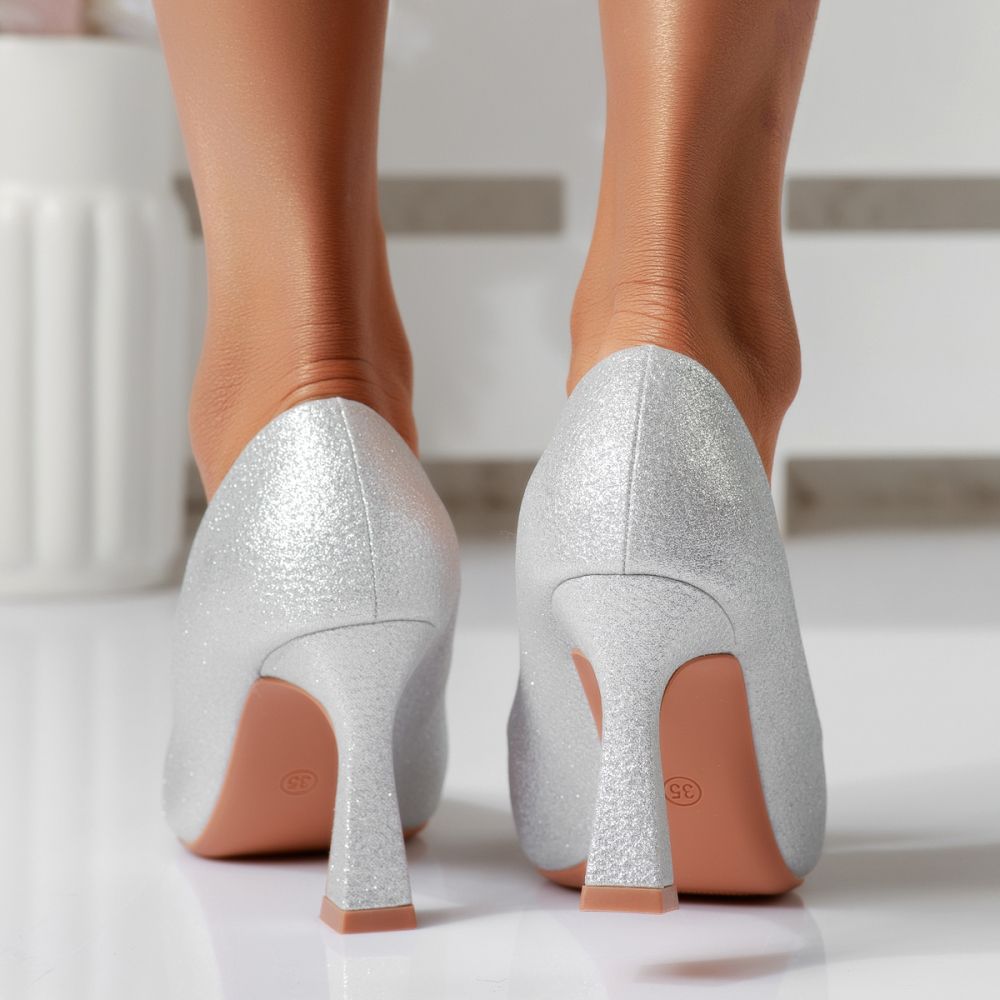 Pantofi Dama cu Toc Siena Argintii #16653