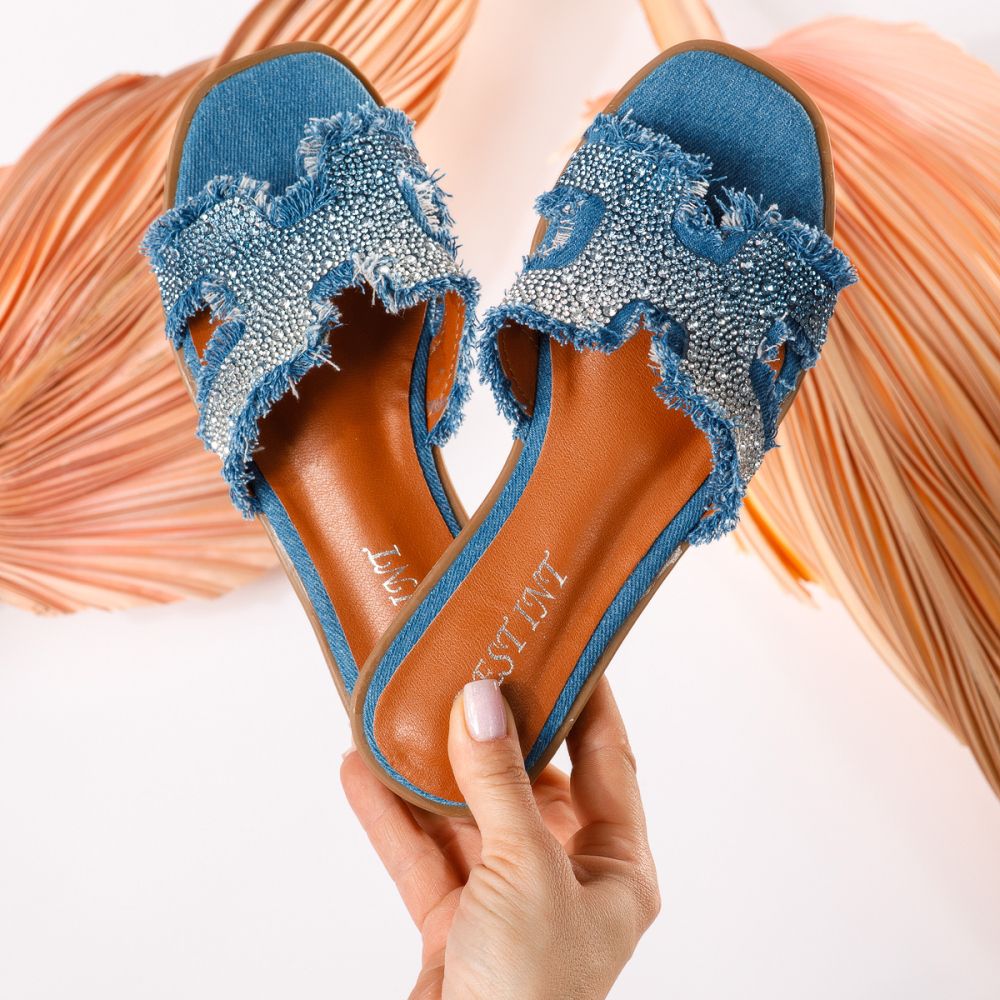 Дамски чехли сини от текстилен материал Melany #18851