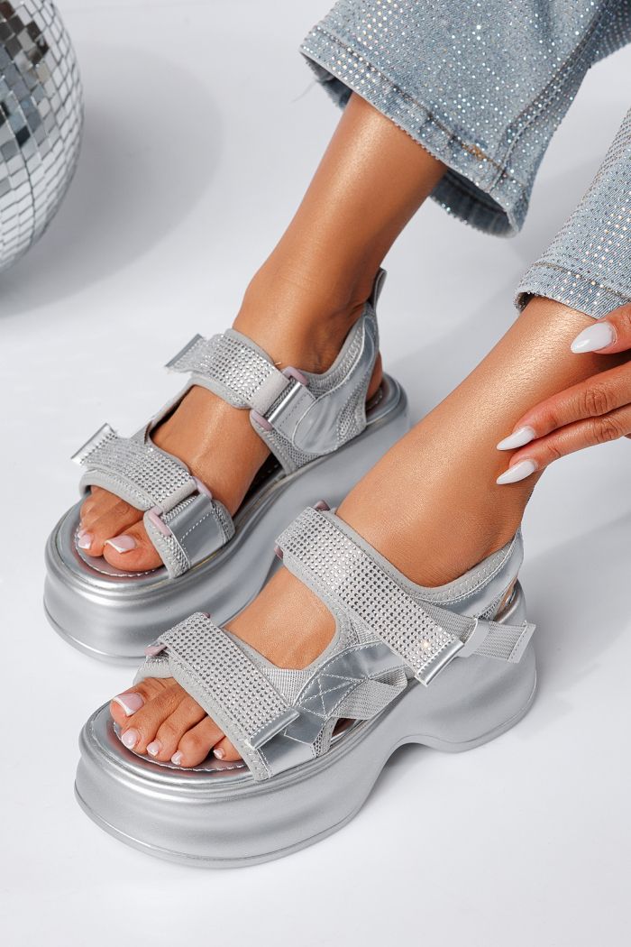 Női ezüst platform szandál textil anyagból Mia #22096