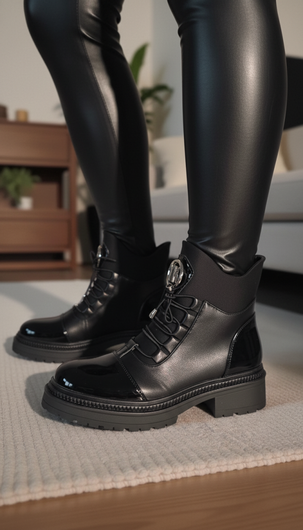 Női csizma szőrmével fekete lakkozott ökológiai bőrből készült Nami #23056