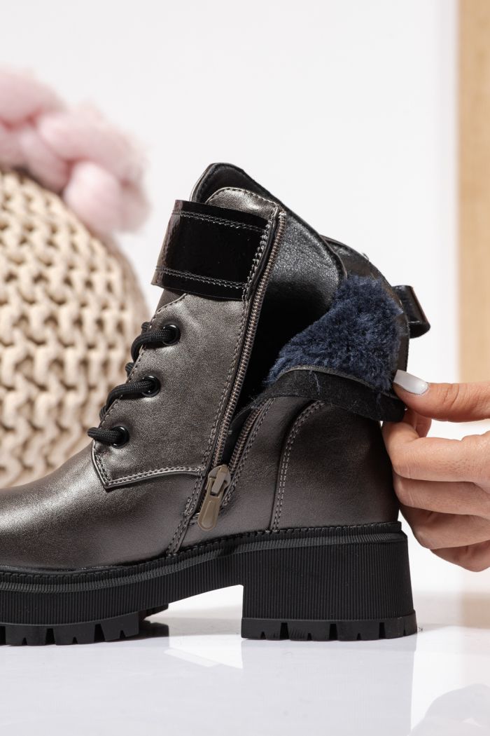 Szőrme csizma lányoknak szürke öko bőrből készült Alisa #23110