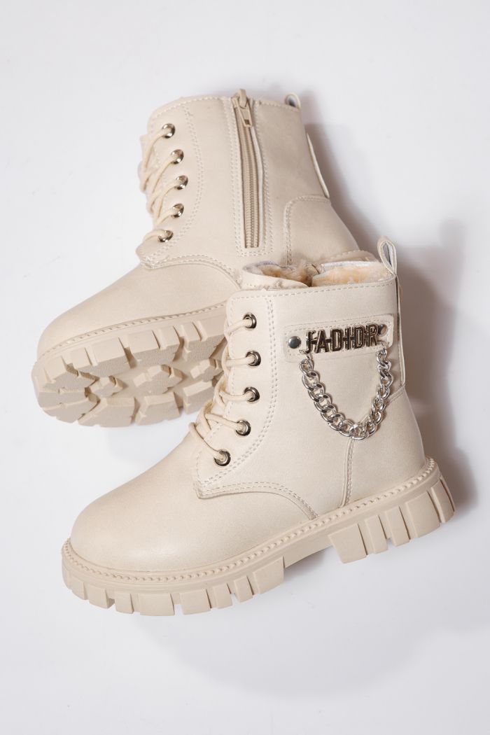 Szőrme csizma lányoknak bézs öko bőrből készült Xenia #23148