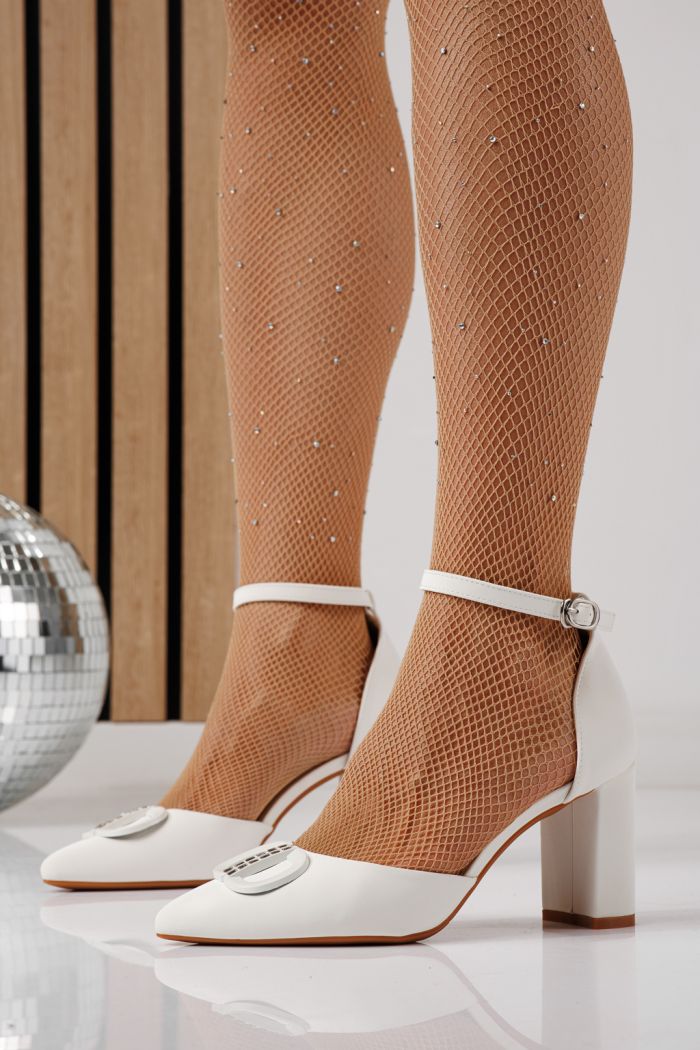 Pantofi cu toc dama albi din piele ecologica Chira #24249