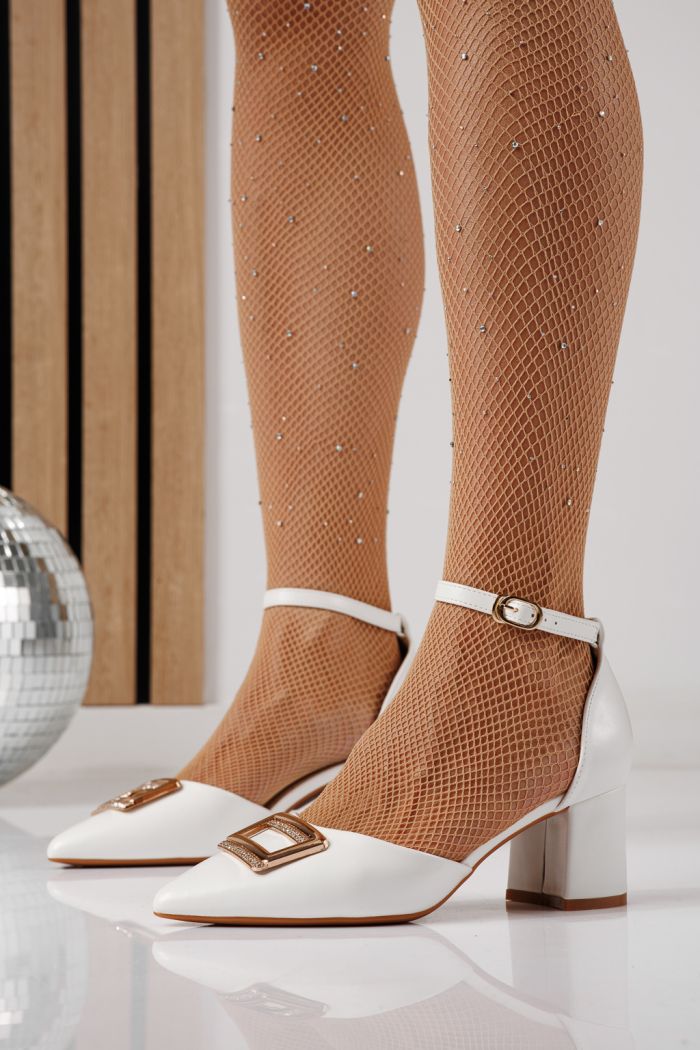 Pantofi cu toc dama albi din piele ecologica Adina #24243