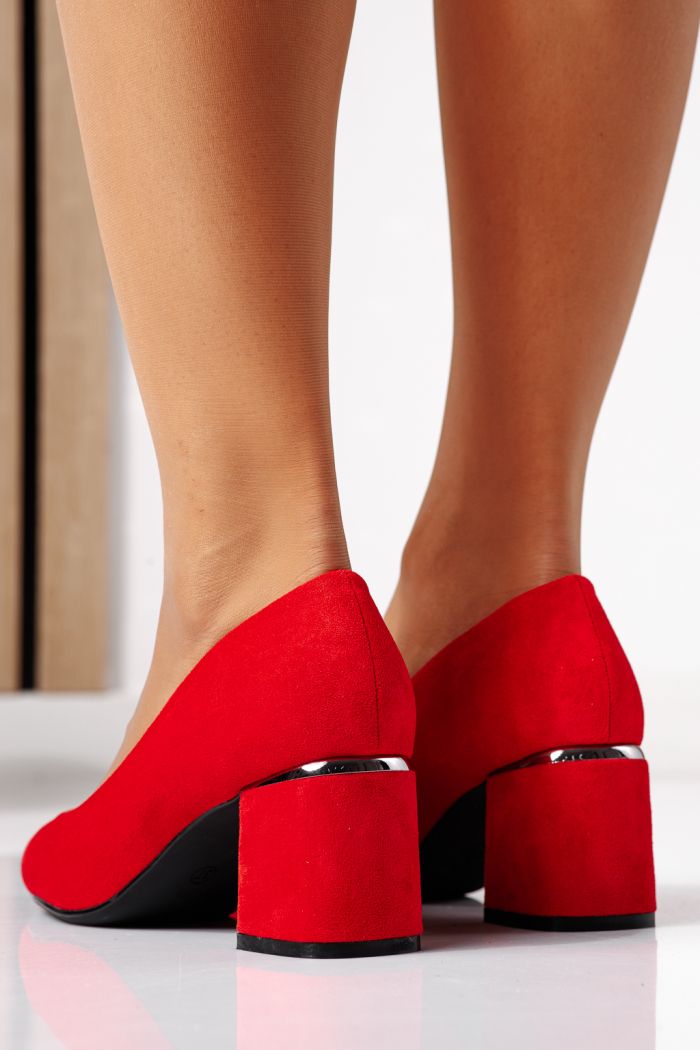 Női magas sarkú cipők piros öko bőrből velúrból  Efrat #24432
