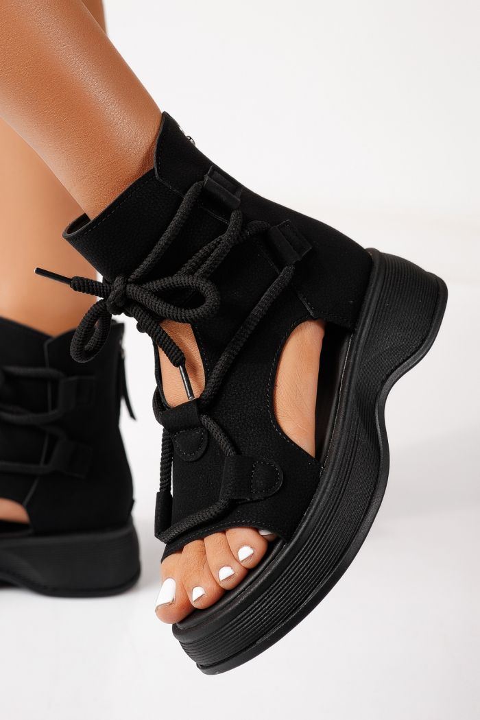 Női platform szandálok fekete öko bőrből készült Calista #24838