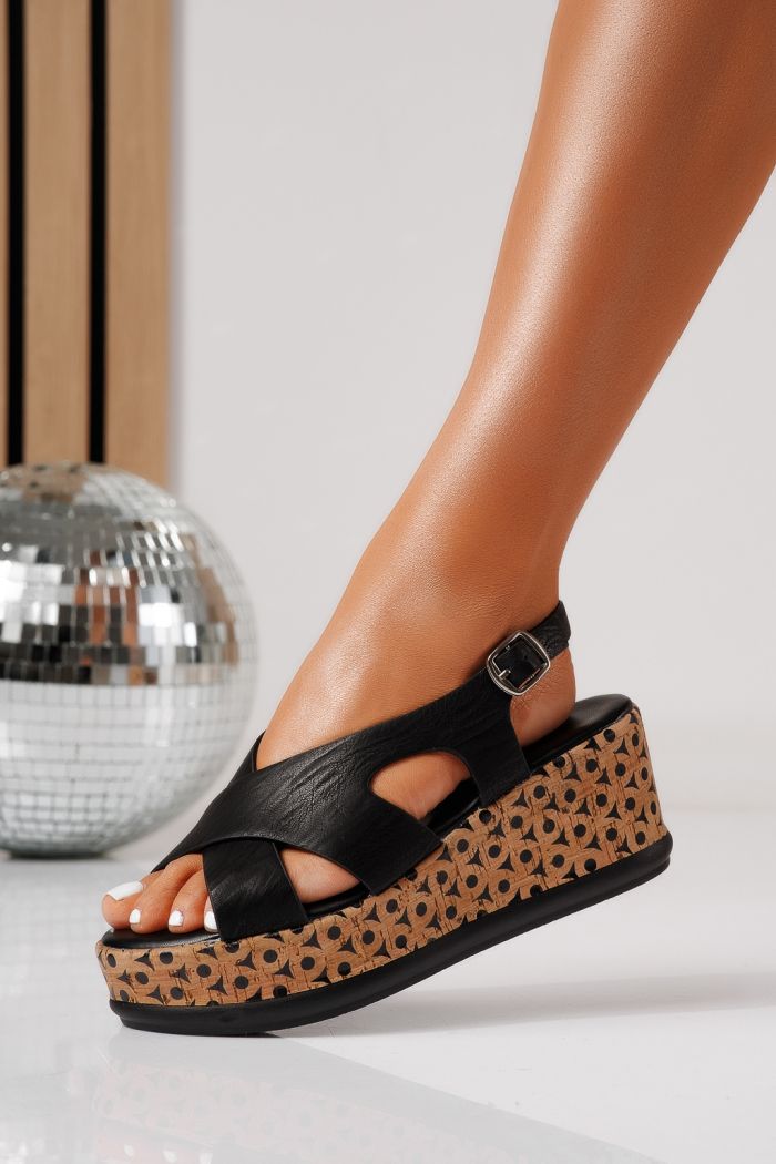 Női platform szandálok fekete öko bőrből készült Anais #24969