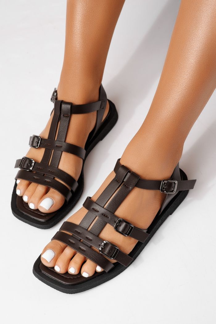 Női alacsony sarkú szandálok barna öko bőrből készült Azura #25161