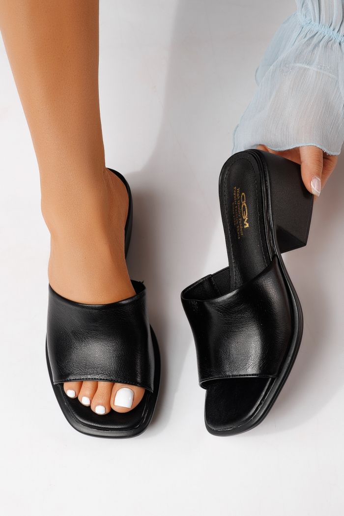 Női magas sarkú papucs fekete öko bőrből készült Indira #25170