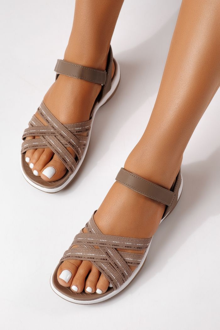 Női alacsony sarkú szandálok khaki textil anyagból készült Mireya #25134