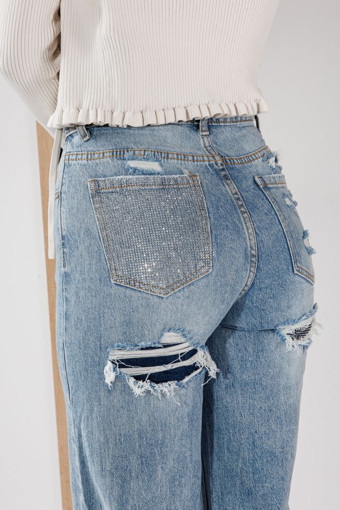 Női Wide Leg Fit Farmernadrágok Talia Kék #A1453