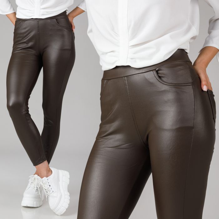 Дамски панталон от екологична кожа Carina кафяво #A256