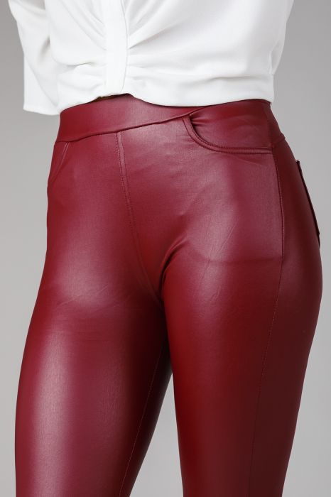 Дамски панталон от екологична кожа Carina бордо #A257