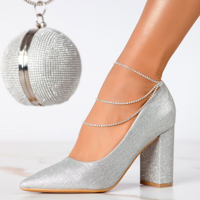 Pantofi Dama cu Toc Anabelle Argintii #13279